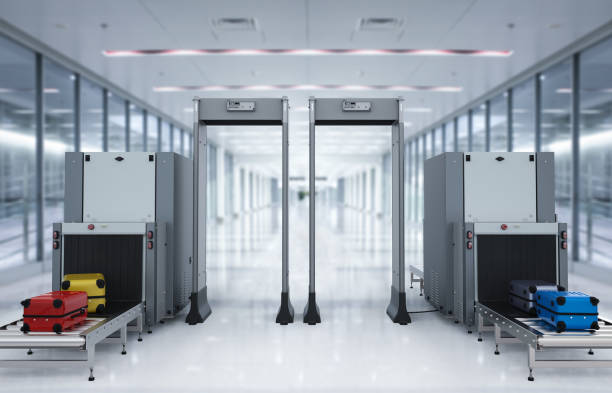 3d rendering airport security checkpoint with scanner machines are scanning luggages