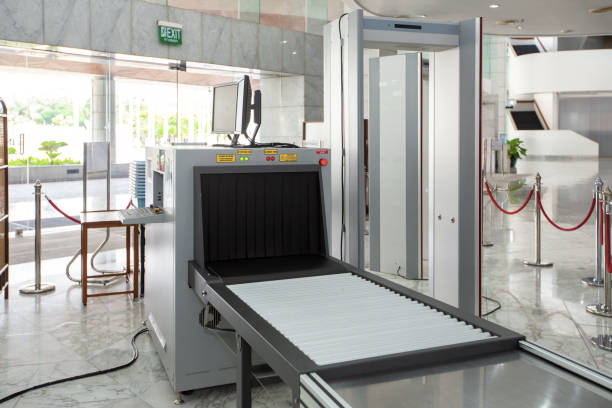 Airport security check point with metal detector and X ray scaner