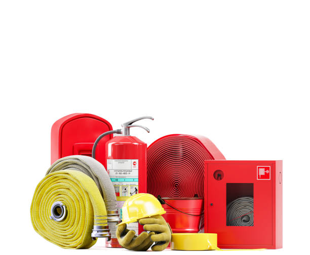 Fire-fighter elements set collection, including boots, mask, helmet, axe, gloves, hose, fire extinguisher, Fire Fighter outfit and Safety Device 3d render isolate from white background