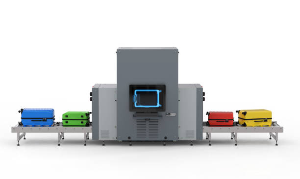 3d rendering airport security checkpoint with scanner machines are scanning luggages