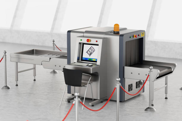 X-ray Security Baggage Scanner in Airport Terminal Interior extreme closeup. 3d Rendering